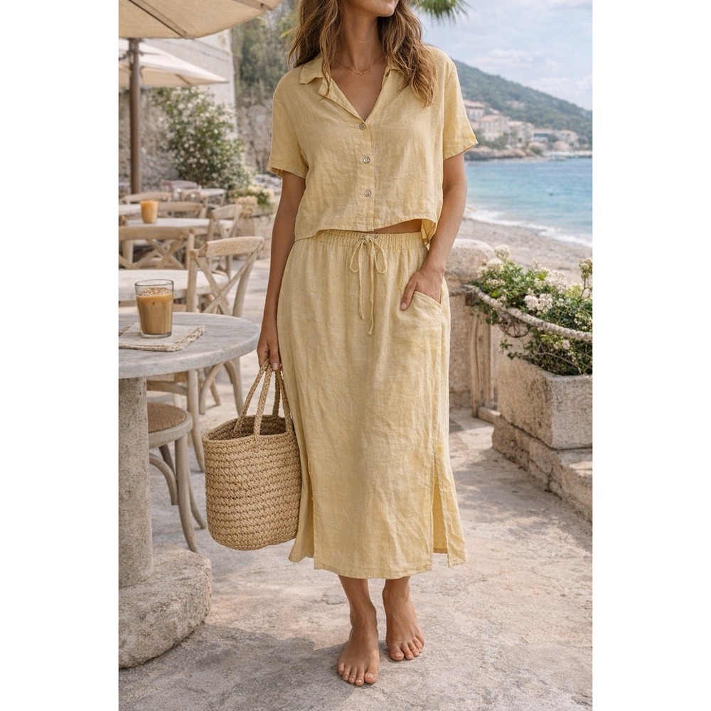 Cut Loose Linen Set S Yellow Midi Skirt Top Coastal Resort Outfit Lagenlook - Picture 2 of 16